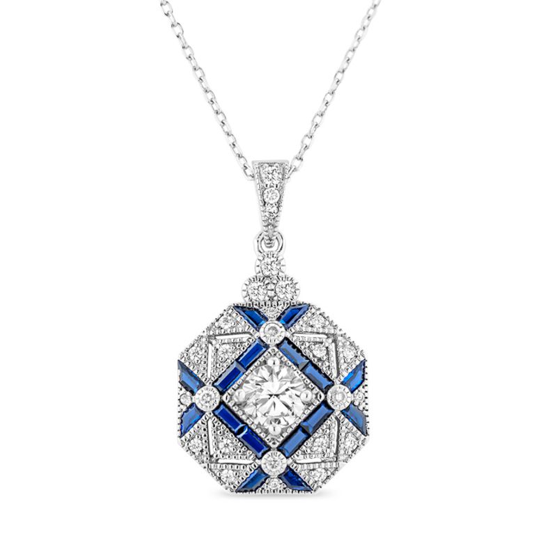 Sapphire Blue CZ Pendant - Edwardian style - Sterling Silver - Click Image to Close